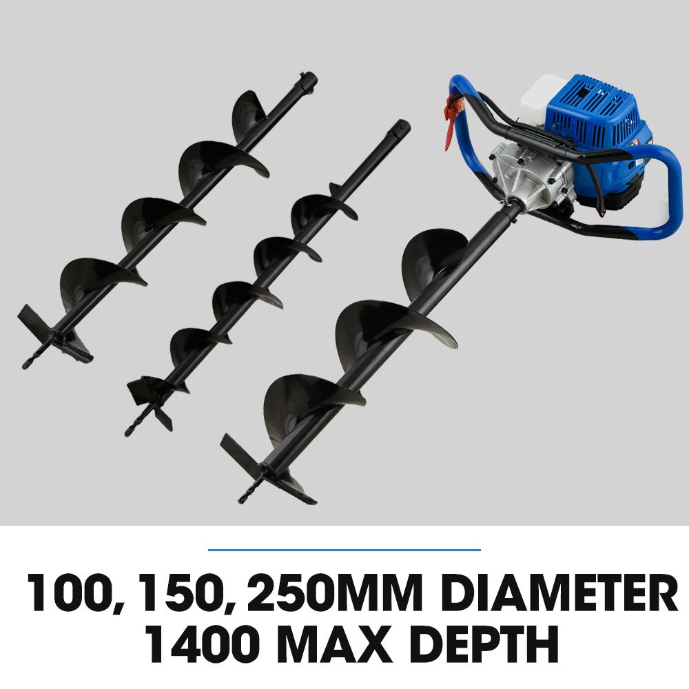 PD950 52cc 2-Stroke Petrol Post Hole Digger, w/ 3 Auger bits, 600mm Extension Shaft