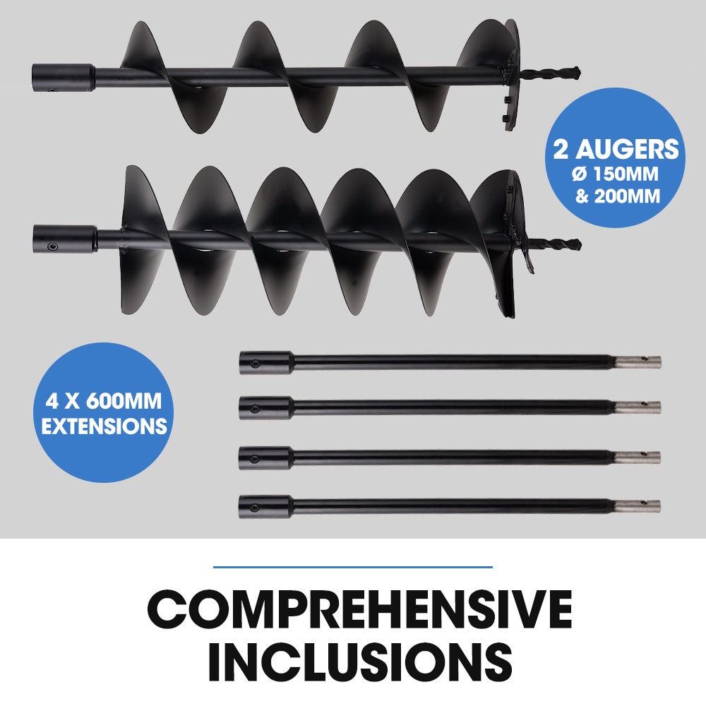PD950 52cc 2-Stroke Petrol Post Hole Digger, w/ 3 Auger bits, 600mm Extension Shaft