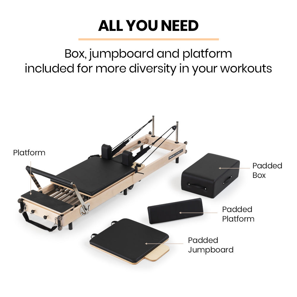 Wooden Pilates Reformer Machine, Stretch Bed with box and jump board accessories