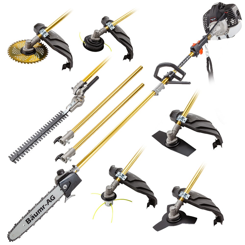 BAUMR-AG 65cc 7in1 Long Reach Garden Multi-tool, Pole Saw, Hedge & Line Trimmer, Brush Cutter, 12" Tree Trimming Pruning Chainsaw Bar, 2 Extension Shafts