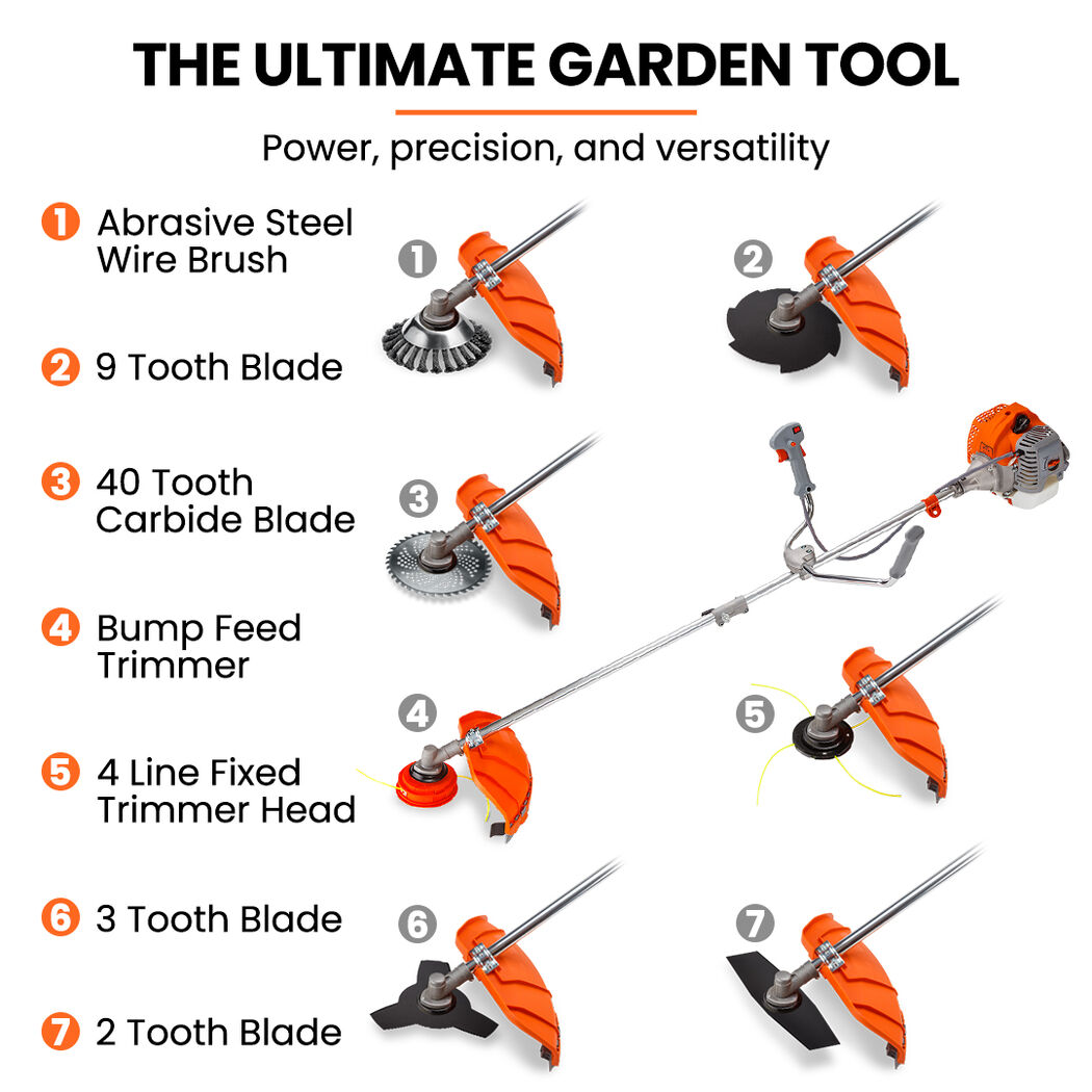 62cc 7in1 Brush Cutter Long Reach Garden Multi-Tool , Pole Trimmer, Hedge & Line Trimmer, 12" Tree Trimming Pruning, 2 Extension Shafts