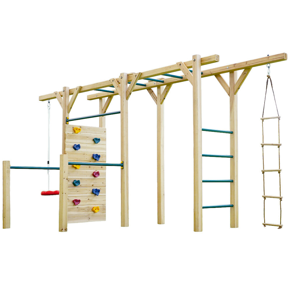 Ultimate Outdoor Monkey Bars Playset Frame, with Climbing Wall, Disc Swing, Rope Ladder