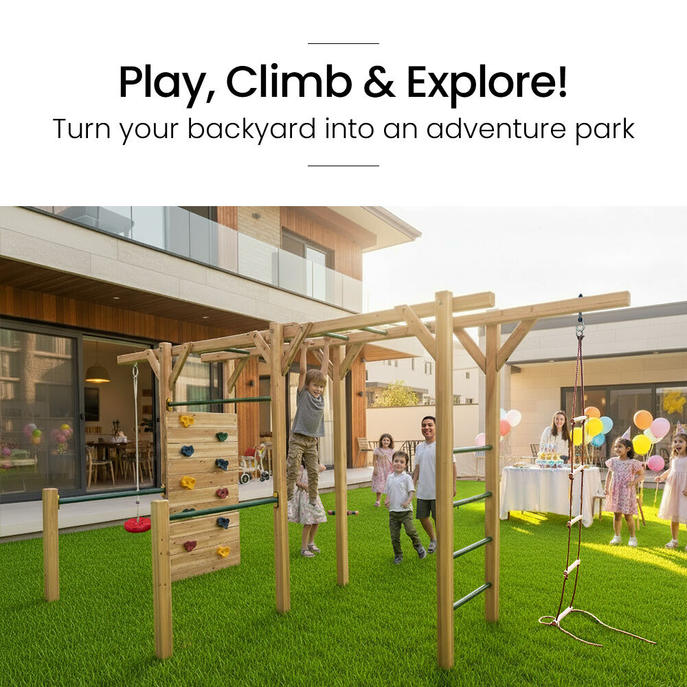 Ultimate Outdoor Monkey Bars Playset Frame, with Climbing Wall, Disc Swing, Rope Ladder