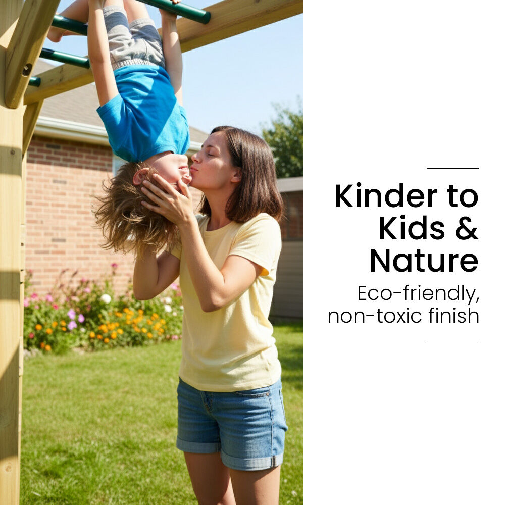 Ultimate Outdoor Monkey Bars Playset Frame, with Climbing Wall, Disc Swing, Rope Ladder