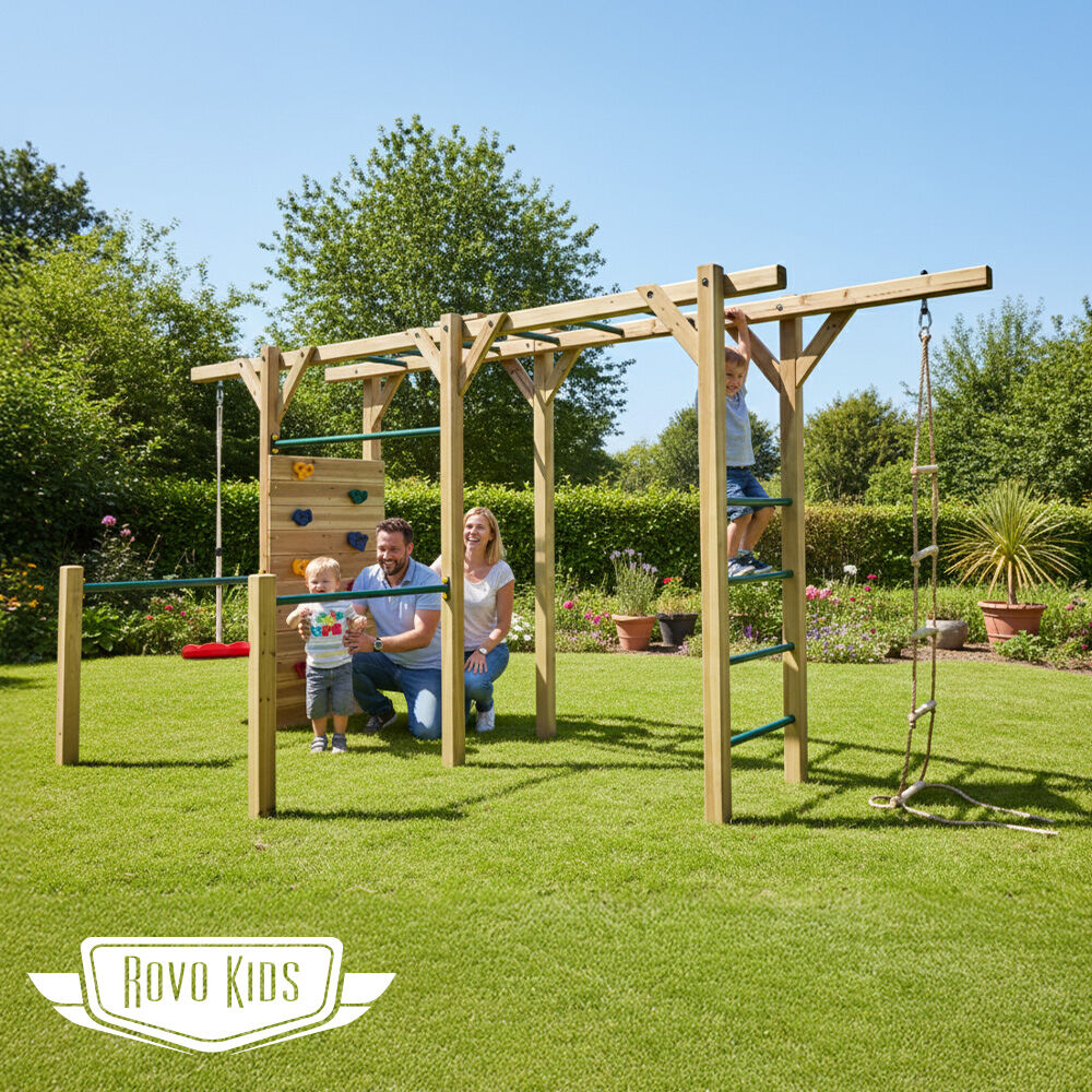 Ultimate Outdoor Monkey Bars Playset Frame, with Climbing Wall, Disc Swing, Rope Ladder