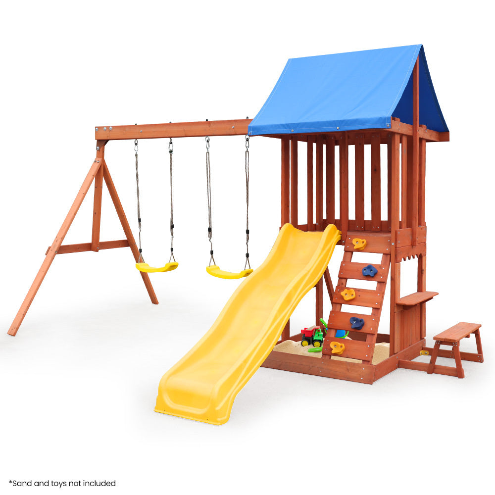Outdoor Slide and Swing Play Set with Climbing Wall and Sandpit