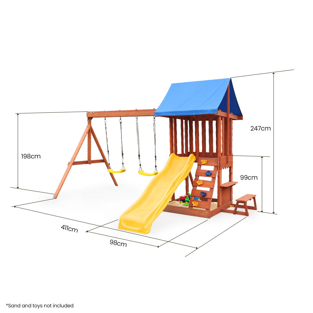 Outdoor Slide and Swing Play Set with Climbing Wall and Sandpit