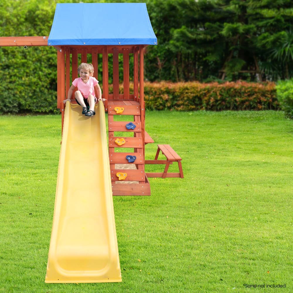 Outdoor Slide and Swing Play Set with Climbing Wall and Sandpit