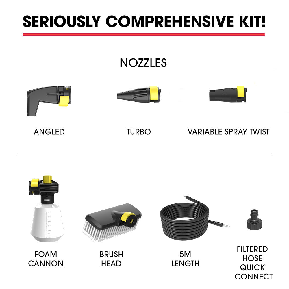 RX530 Electric High Pressure Washer, 2400PSI 3 Nozzles, Brush Head Cleaner, Detergent Bottle