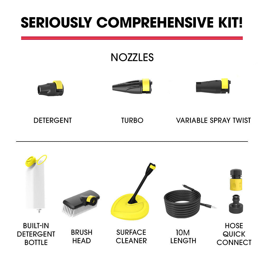 RX540 Electric High Pressure Washer, 2800PSI 2 Nozzles, Brush Head, Deck Cleaner, Detergent Bottle, 10M Hose