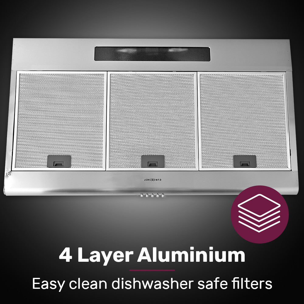 90cm Fixed Stainless Steel Rangehood, Quiet 3-Speed, 4-Layer Dishwashable Filters, Halogen Lights EFR90S