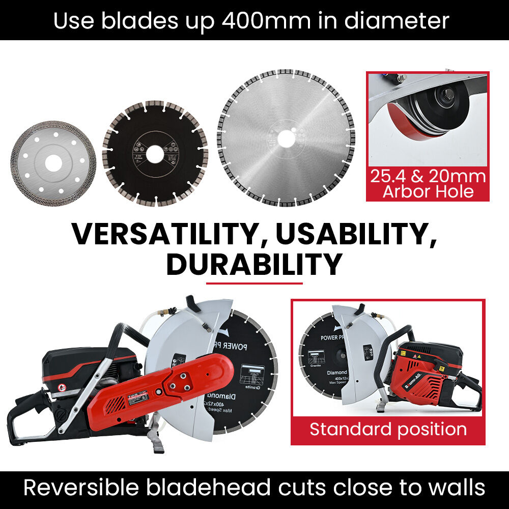 400mm Professional Concrete Demolition Saw 94cc 2-Stroke, Wet and Dry Demo Cutting, 16