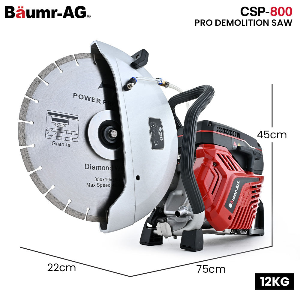 350mm Professional Concrete Demolition Saw 74cc 2-Stroke, Wet and Dry Demo Cutting, 14