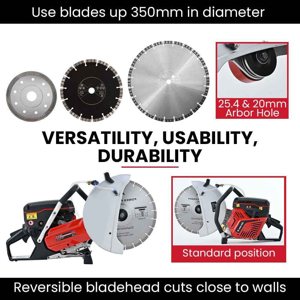 350mm Professional Concrete Demolition Saw 74cc 2-Stroke, Wet and Dry Demo Cutting, 14