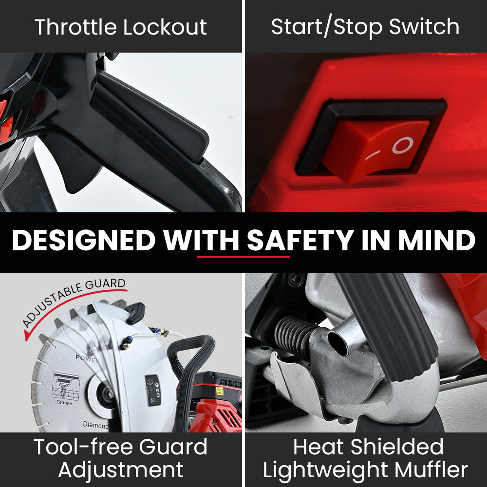 350mm Professional Concrete Demolition Saw 74cc 2-Stroke, Wet and Dry Demo Cutting, 14