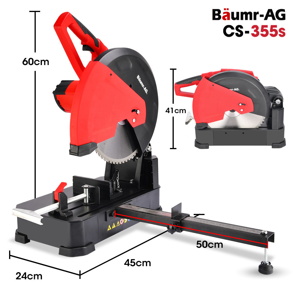 2400W 355mm 14" Metal Cut Off Cold Saw, Premium Low Spark Ceramic Alloy Tooth Blade, Measurement Scale, Soft Start, 45 Degree Mitre Chop Cutting