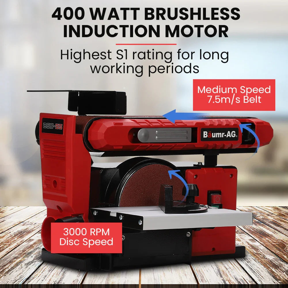 Bench Belt and Disc Sander Combo, 100mm Linisher + 150mm Disc, S1 Rated 400W Brushless Motor, Horizontal & Vertical Sanding