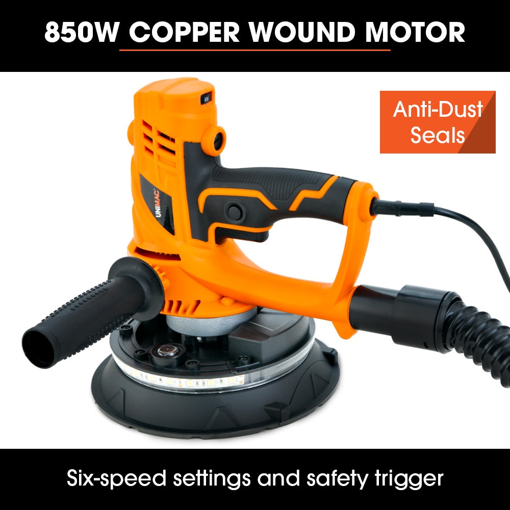 180mm 850W Handheld Drywall Sander, Electric Dry Wall Sanding Machine, with Automatic Vacuum System, LED Worklight, 6x Sanding Discs