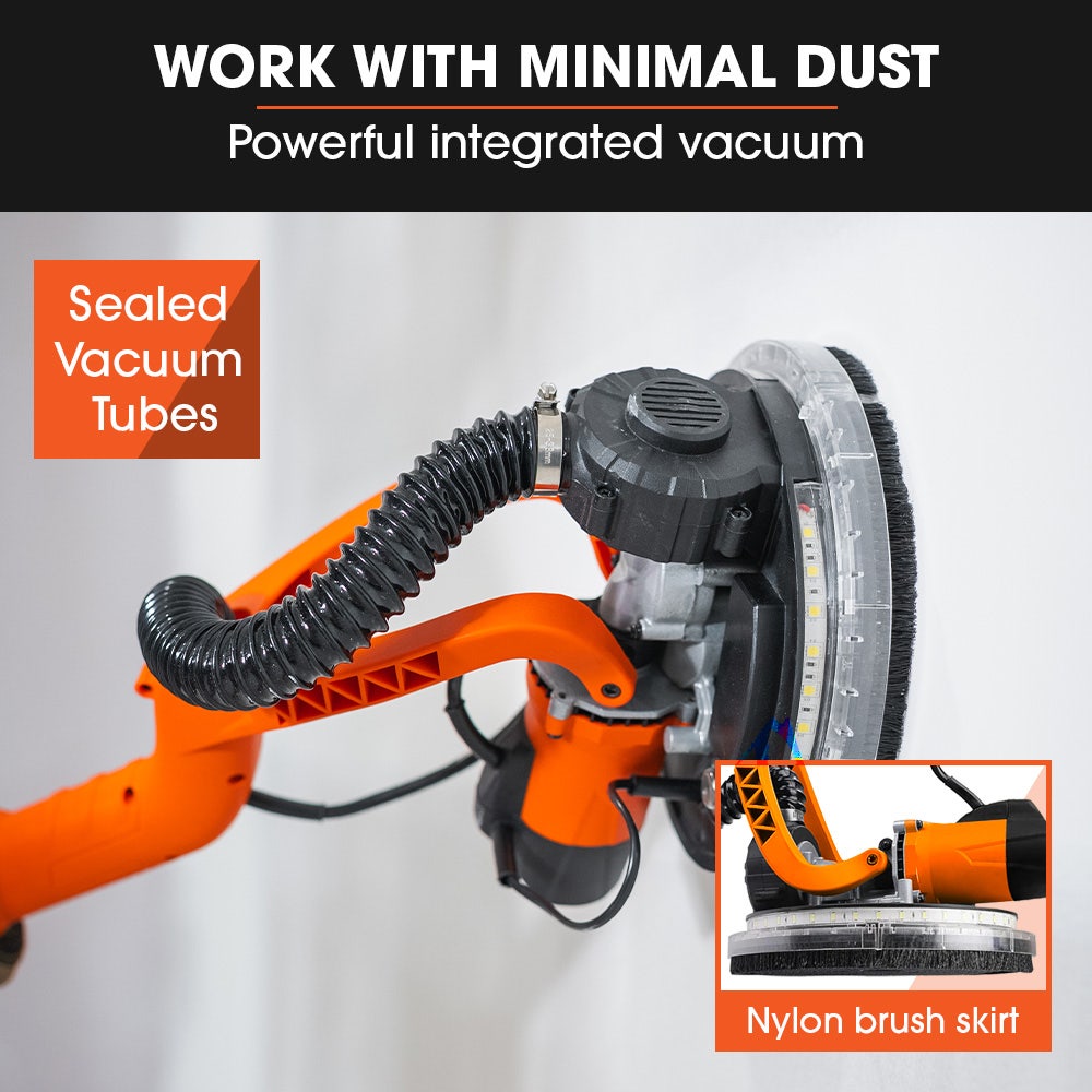 225mm 750W Telescopic Long Reach Dry Wall Sander Kit, Foldable, Vacuum System, LED Worklight, 6x Sanding Discs