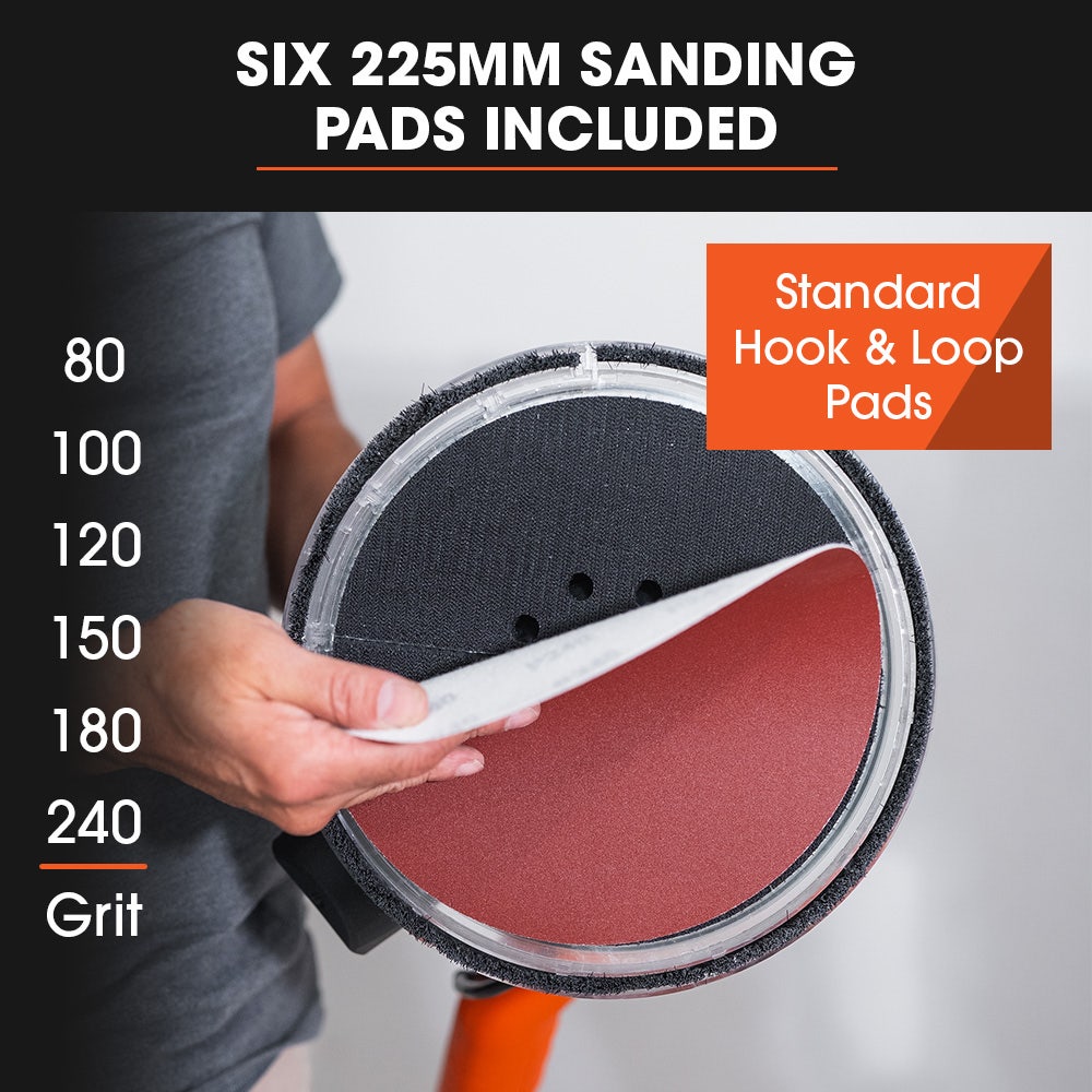 225mm 750W Telescopic Long Reach Dry Wall Sander Kit, Foldable, Vacuum System, LED Worklight, 6x Sanding Discs