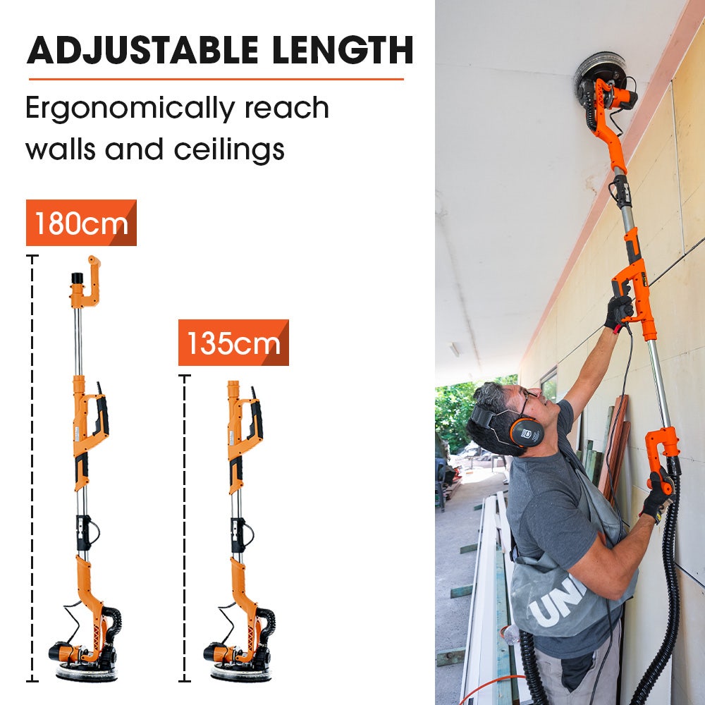 225mm 750W Telescopic Long Reach Dry Wall Sander Kit, Foldable, Vacuum System, LED Worklight, 6x Sanding Discs