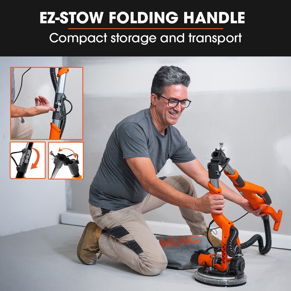 225mm 750W Telescopic Long Reach Dry Wall Sander Kit, Foldable, Vacuum System, LED Worklight, 6x Sanding Discs