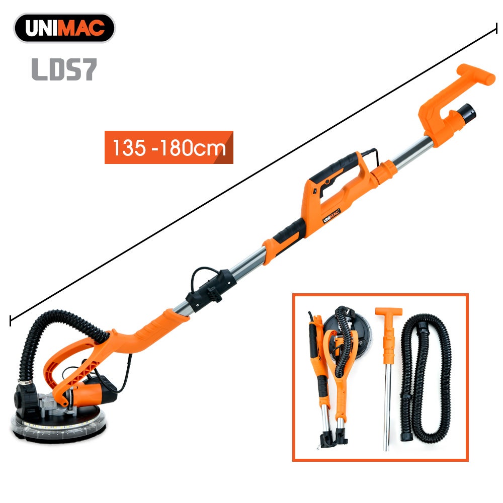 225mm 750W Telescopic Long Reach Dry Wall Sander Kit, Foldable, Vacuum System, LED Worklight, 6x Sanding Discs