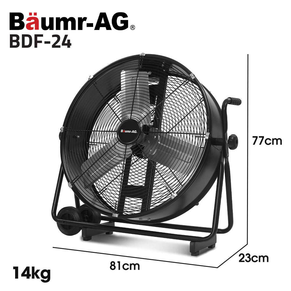 24" 610mm 260W Industrial Mobile Floor Drum Fan, Tilting, Large, Commercial, Heavy-duty Frame, EESS Certified