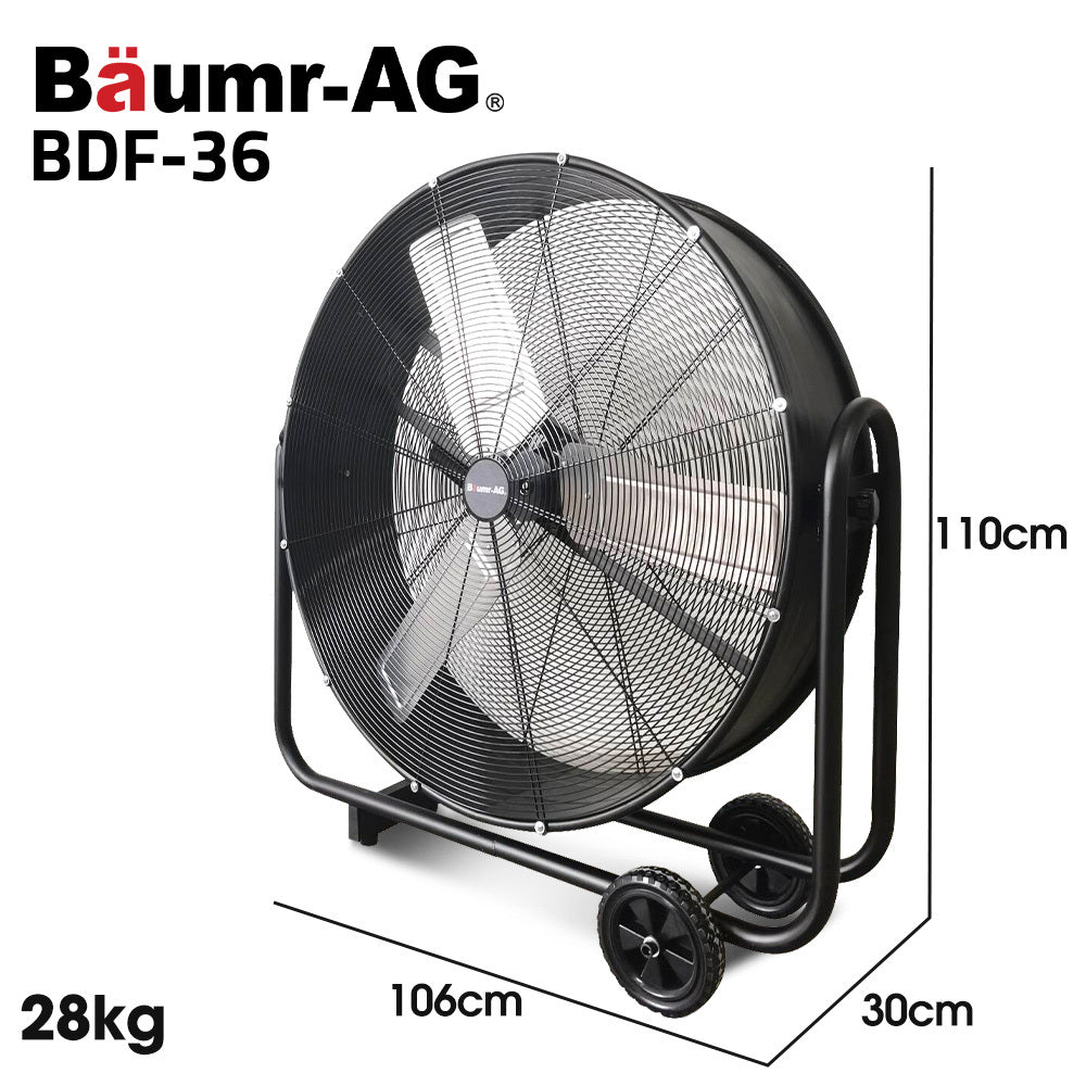 36" 914mm Industrial Mobile Floor Drum Fan, 290W Brushless Motor, Tilting, Large, Commercial, Heavy-duty Frame, EESS Certified