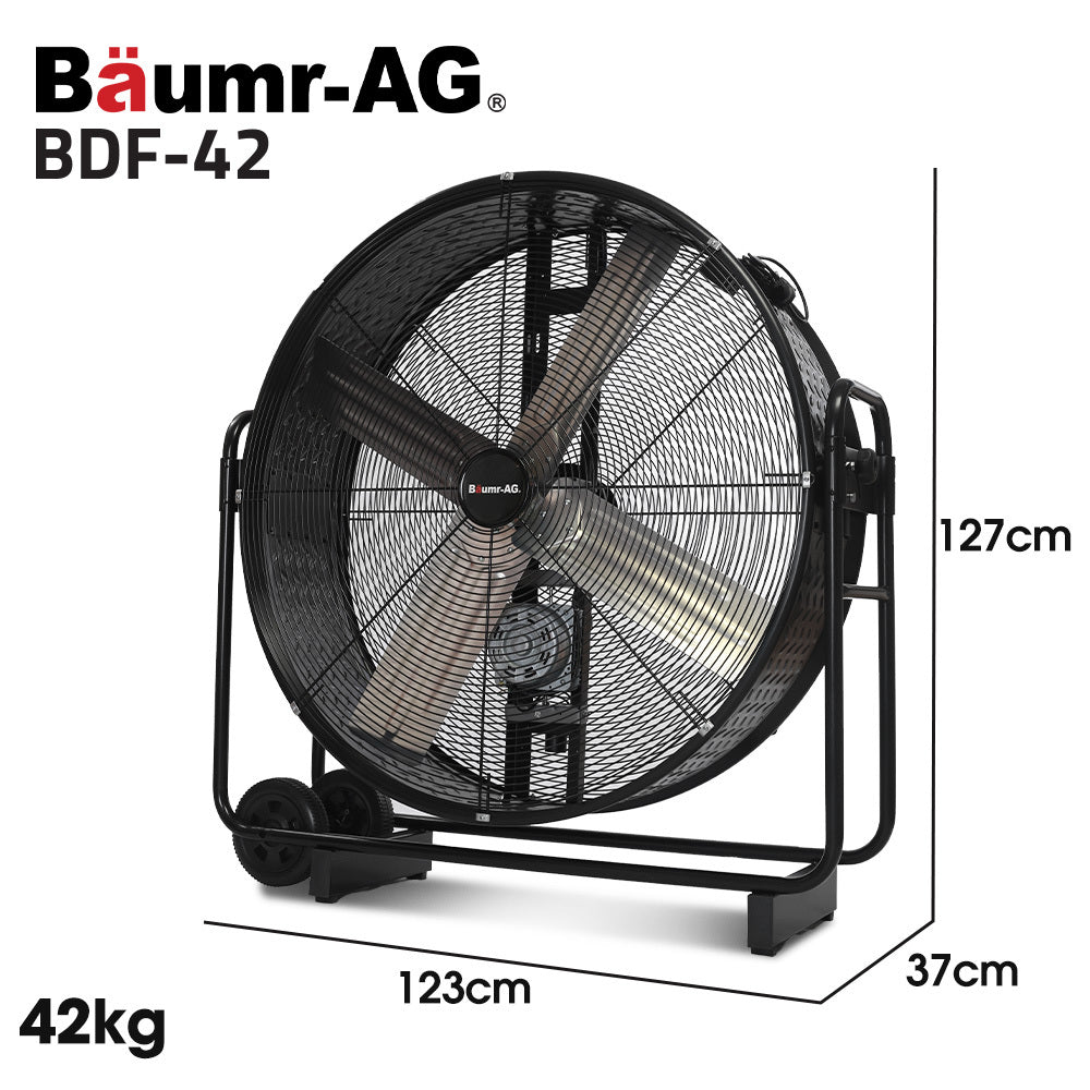 42" 1067mm 660W Industrial Mobile Floor Drum Fan, Belt Drive, Tilting, Large, Commercial,  Heavy-duty Frame, EESS Certified