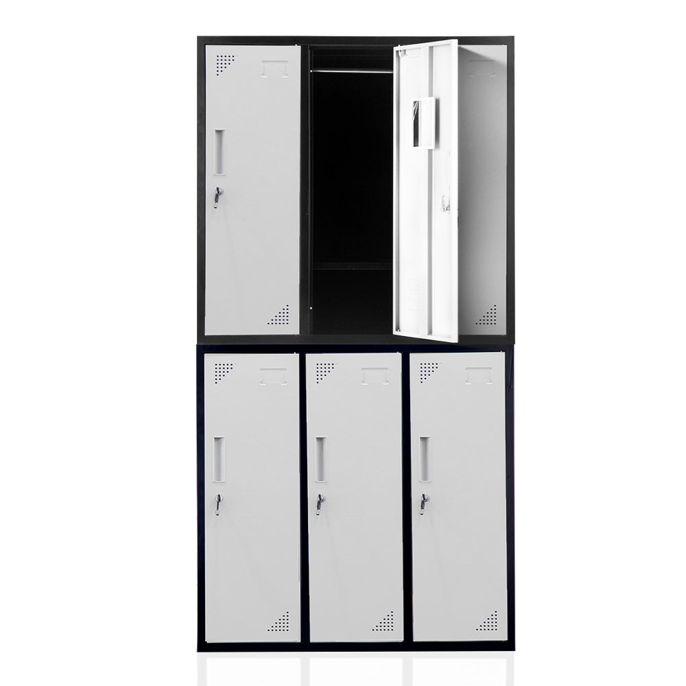 6 Door Metal Storage Cabinet Lockers for Gym Office - Black and Grey