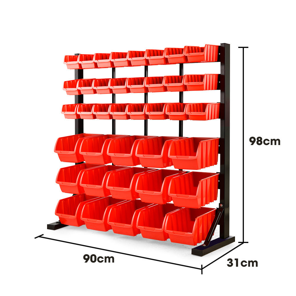 39 Parts Bin Rack Storage System Floor Mount - Red