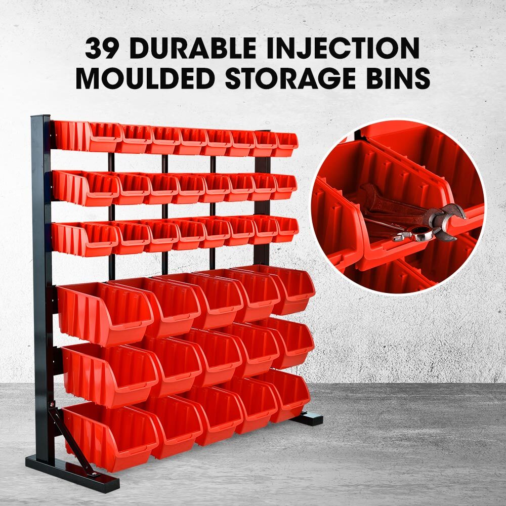 39 Parts Bin Rack Storage System Floor Mount - Red