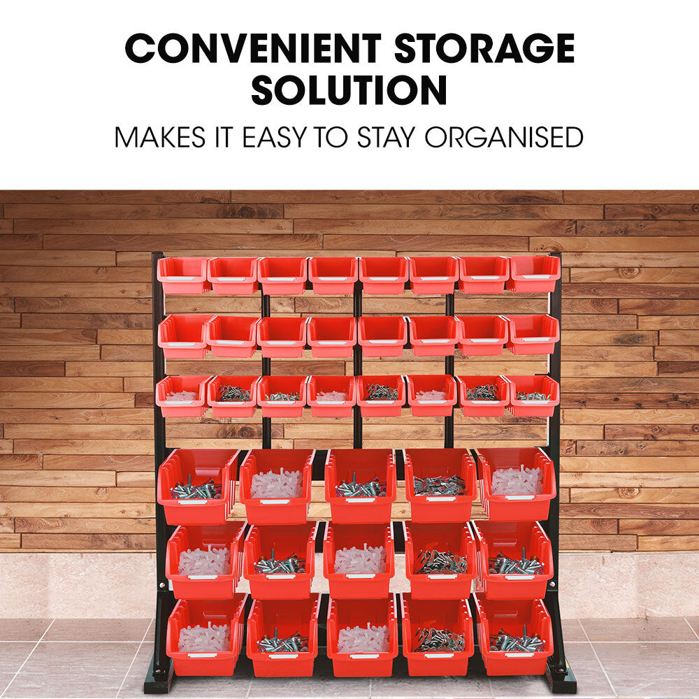 39 Parts Bin Rack Storage System Floor Mount - Red