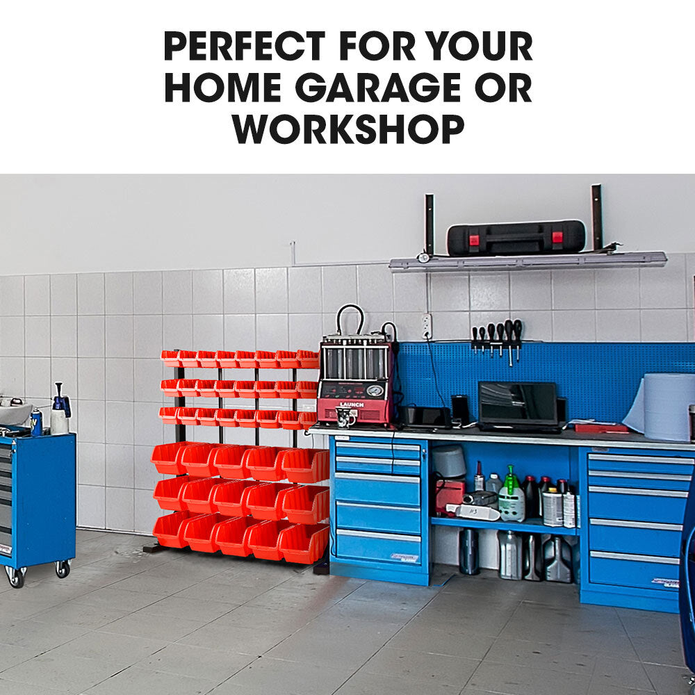 39 Parts Bin Rack Storage System Floor Mount - Red