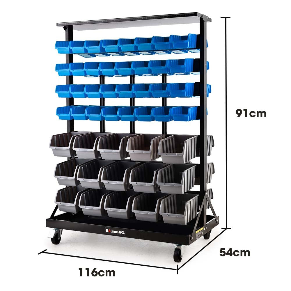 94 Parts Bin Rack Storage System Mobile Double-Sided - Blue