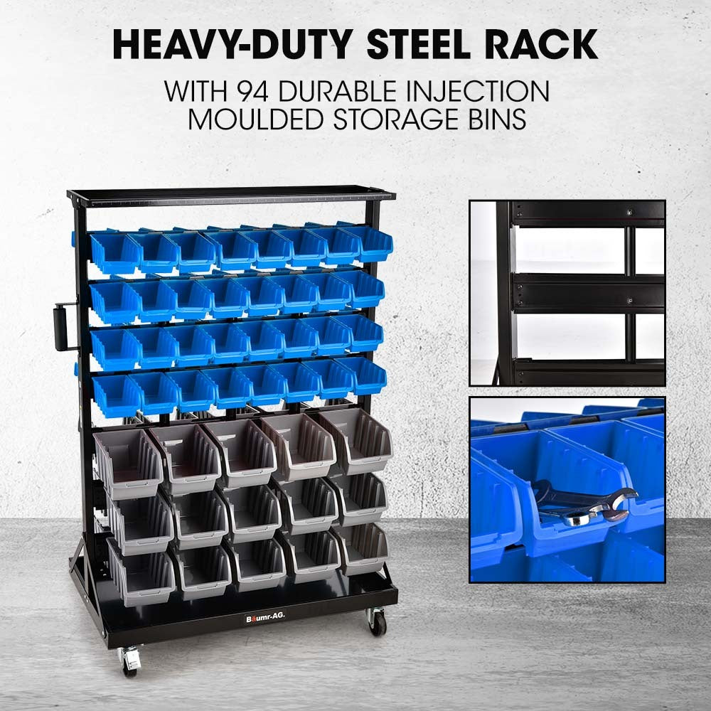 94 Parts Bin Rack Storage System Mobile Double-Sided - Blue