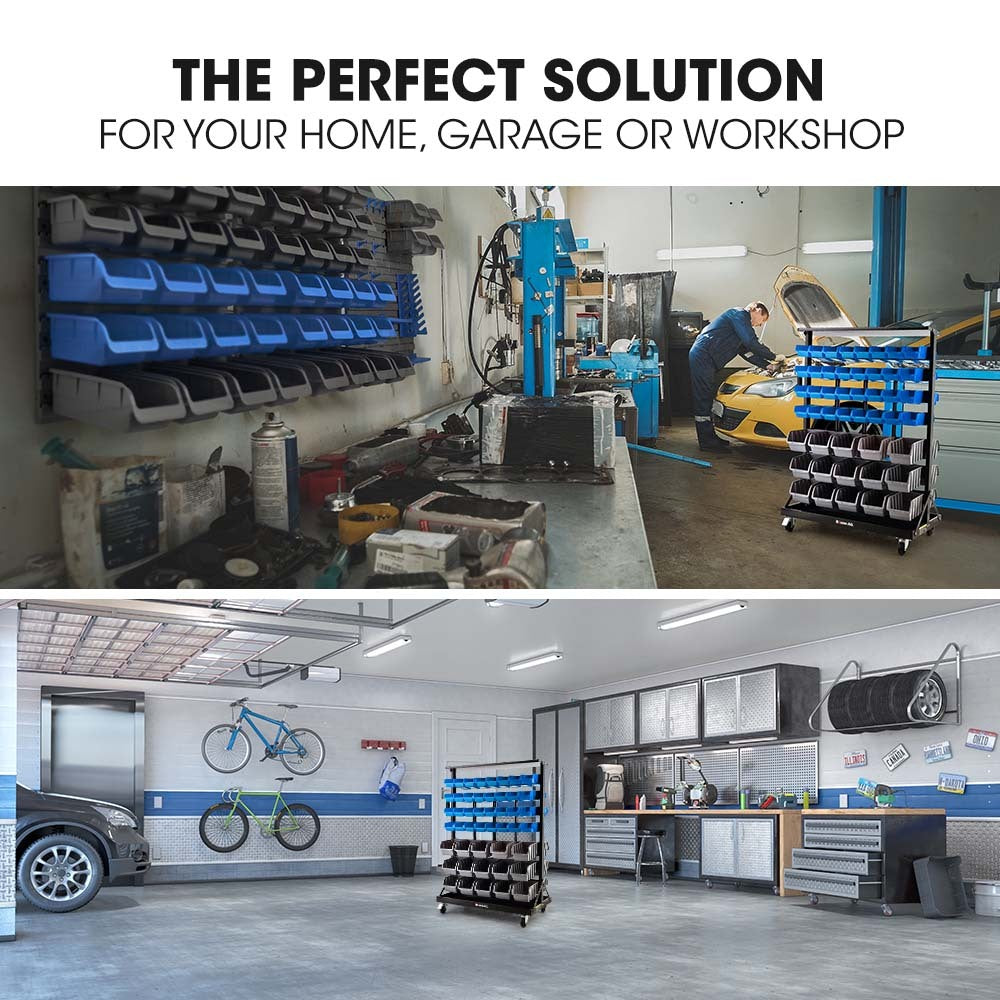 94 Parts Bin Rack Storage System Mobile Double-Sided - Blue