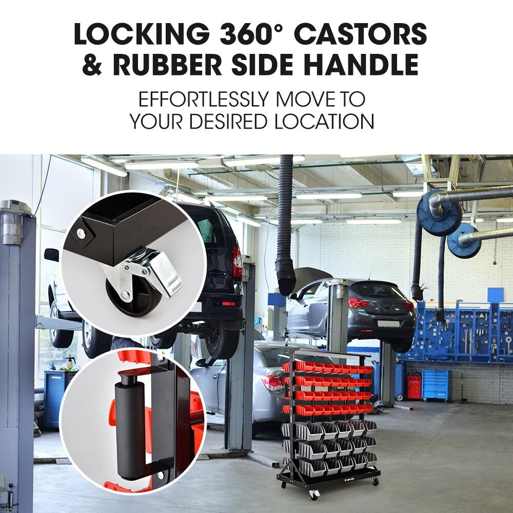 94 Parts Bin Rack Storage System Mobile Double-Sided - Red