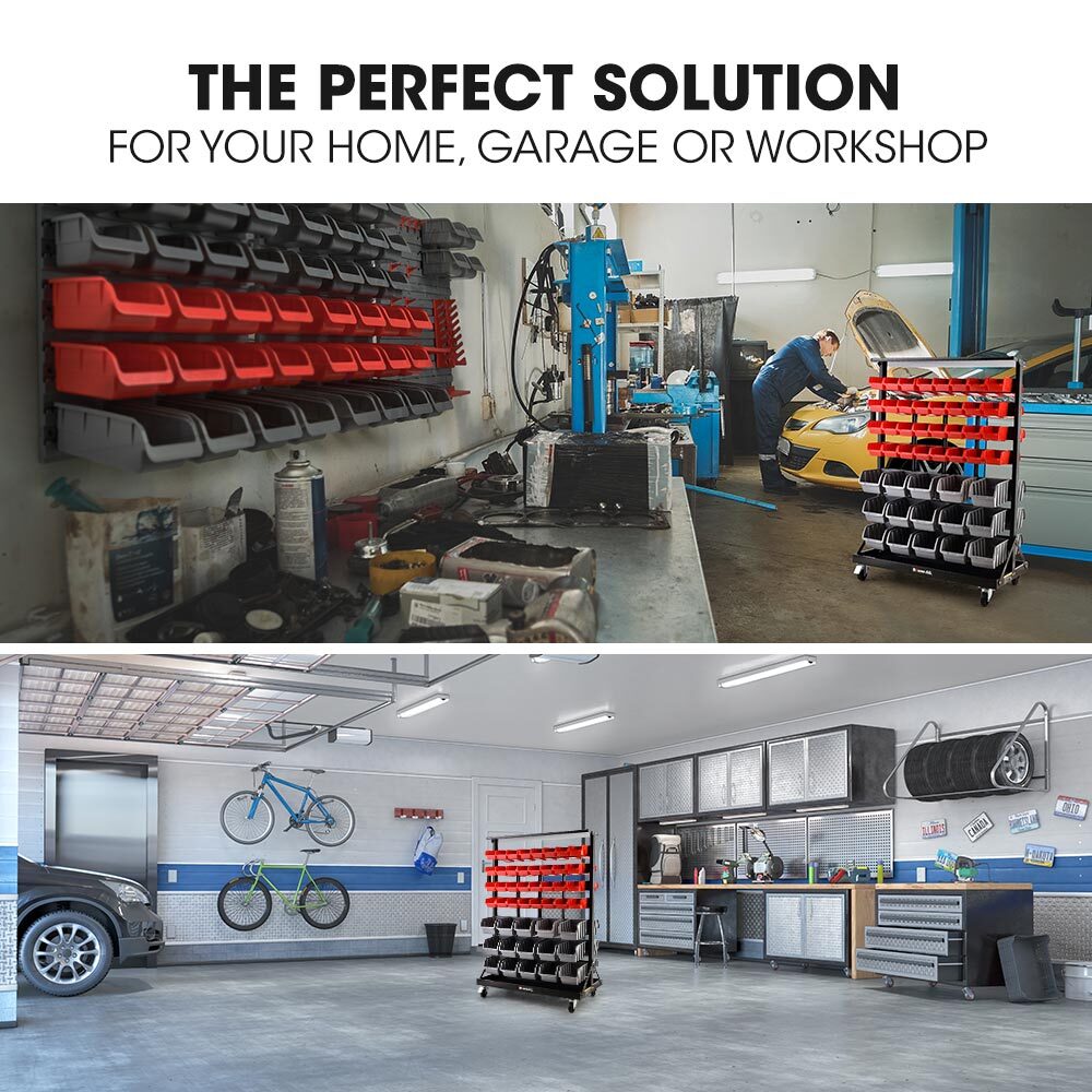 94 Parts Bin Rack Storage System Mobile Double-Sided - Red