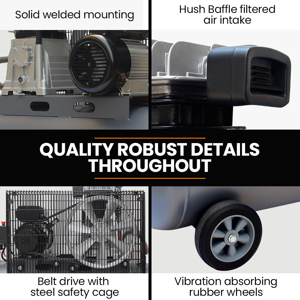 100L 2.6kW Industrial Air Compressor, 370L/min 116PSI, Brushless Motor, Long Service Life, Certified Tank, 15A Plug