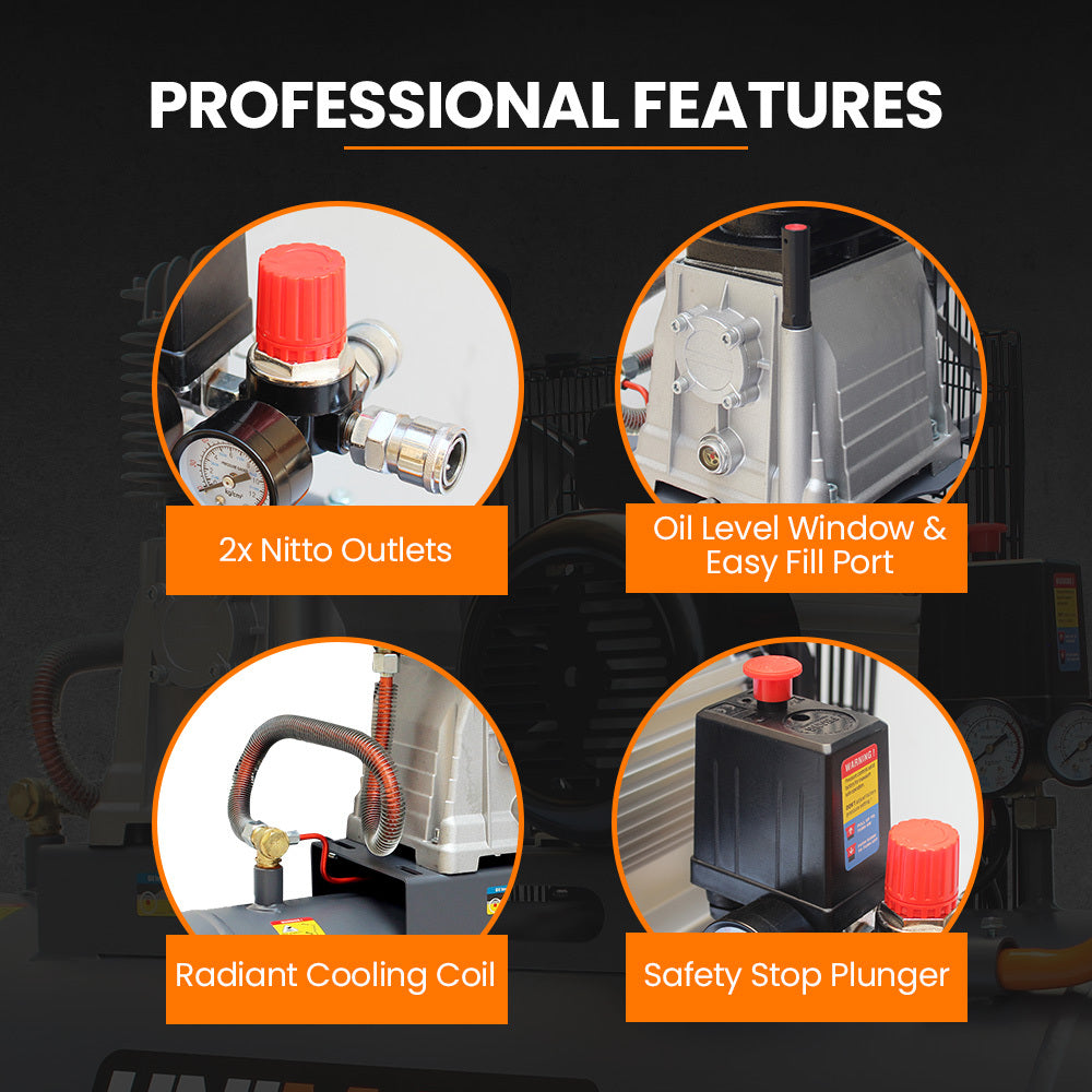 100L 2.6kW Industrial Air Compressor, 370L/min 116PSI, Brushless Motor, Long Service Life, Certified Tank, 15A Plug