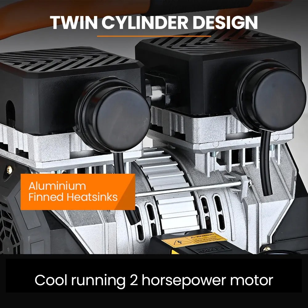 16L Silent Oil-Free Electric Air Compressor, 116PSI Portable with Wheels and Handle, Twin Nitto Outlets for Airtools, Tyre Inflation