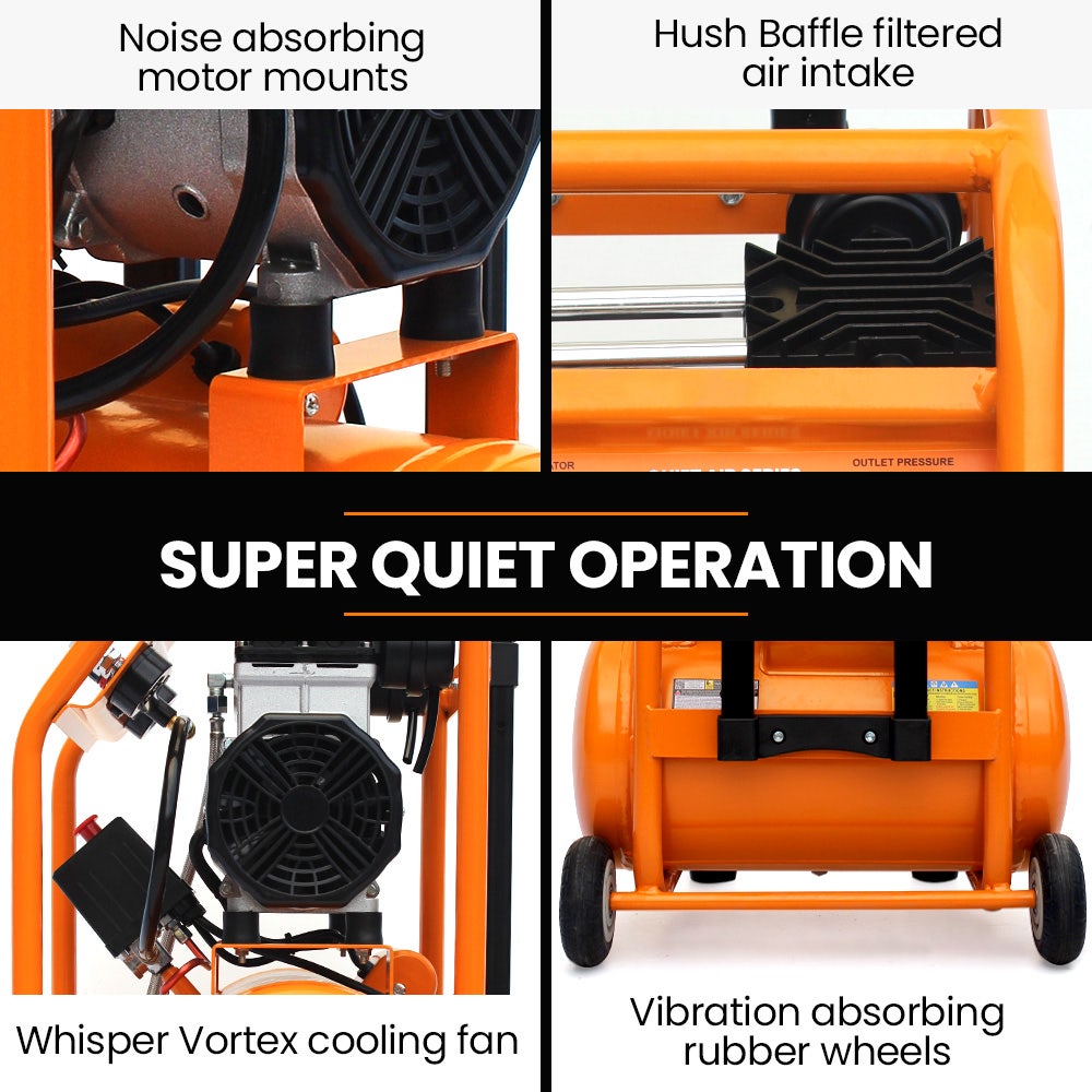 16L Silent Oil-Free Electric Air Compressor, 116PSI Portable with Wheels and Handle, Twin Nitto Outlets for Airtools, Tyre Inflation