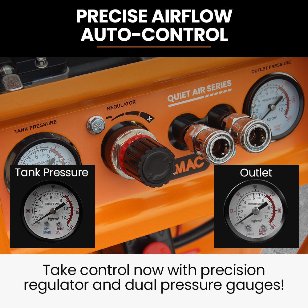 16L Silent Oil-Free Electric Air Compressor, 116PSI Portable with Wheels and Handle, Twin Nitto Outlets for Airtools, Tyre Inflation