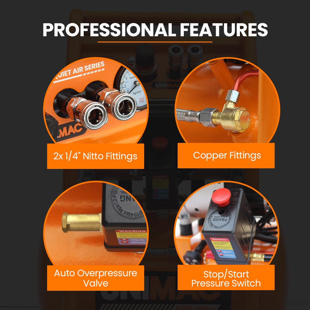 16L Silent Oil-Free Electric Air Compressor, 116PSI Portable with Wheels and Handle, Twin Nitto Outlets for Airtools, Tyre Inflation