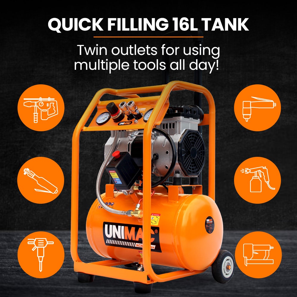 16L Silent Oil-Free Electric Air Compressor, 116PSI Portable with Wheels and Handle, Twin Nitto Outlets for Airtools, Tyre Inflation