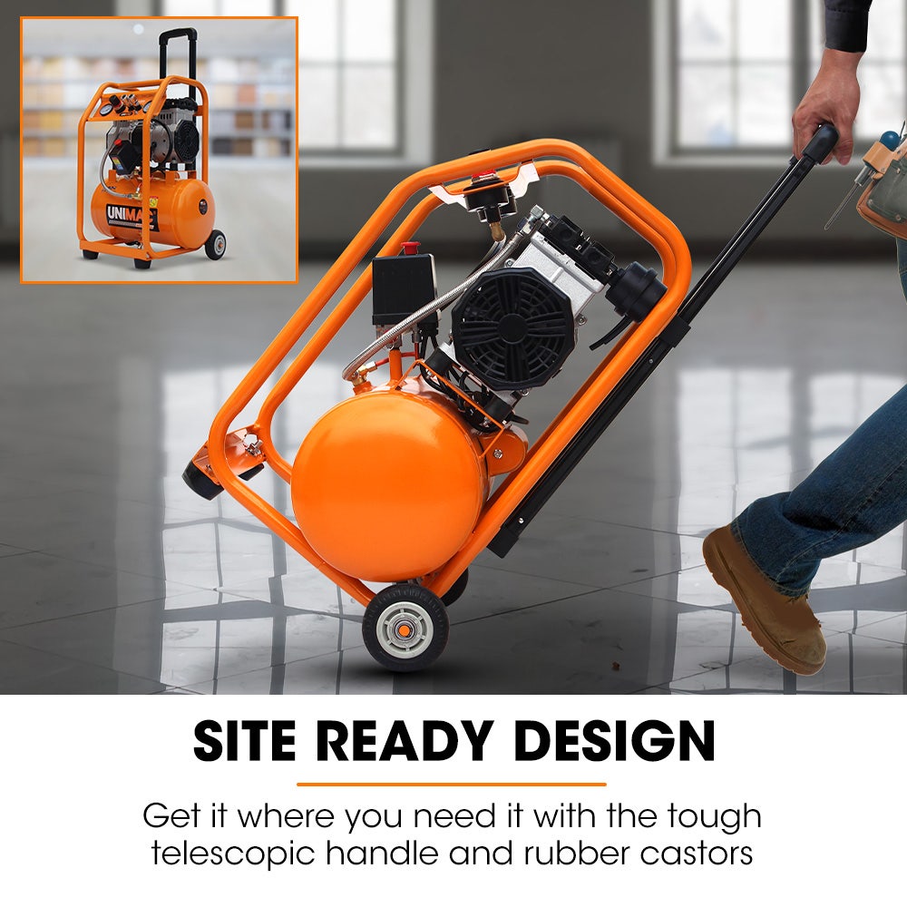 16L Silent Oil-Free Electric Air Compressor, 116PSI Portable with Wheels and Handle, Twin Nitto Outlets for Airtools, Tyre Inflation