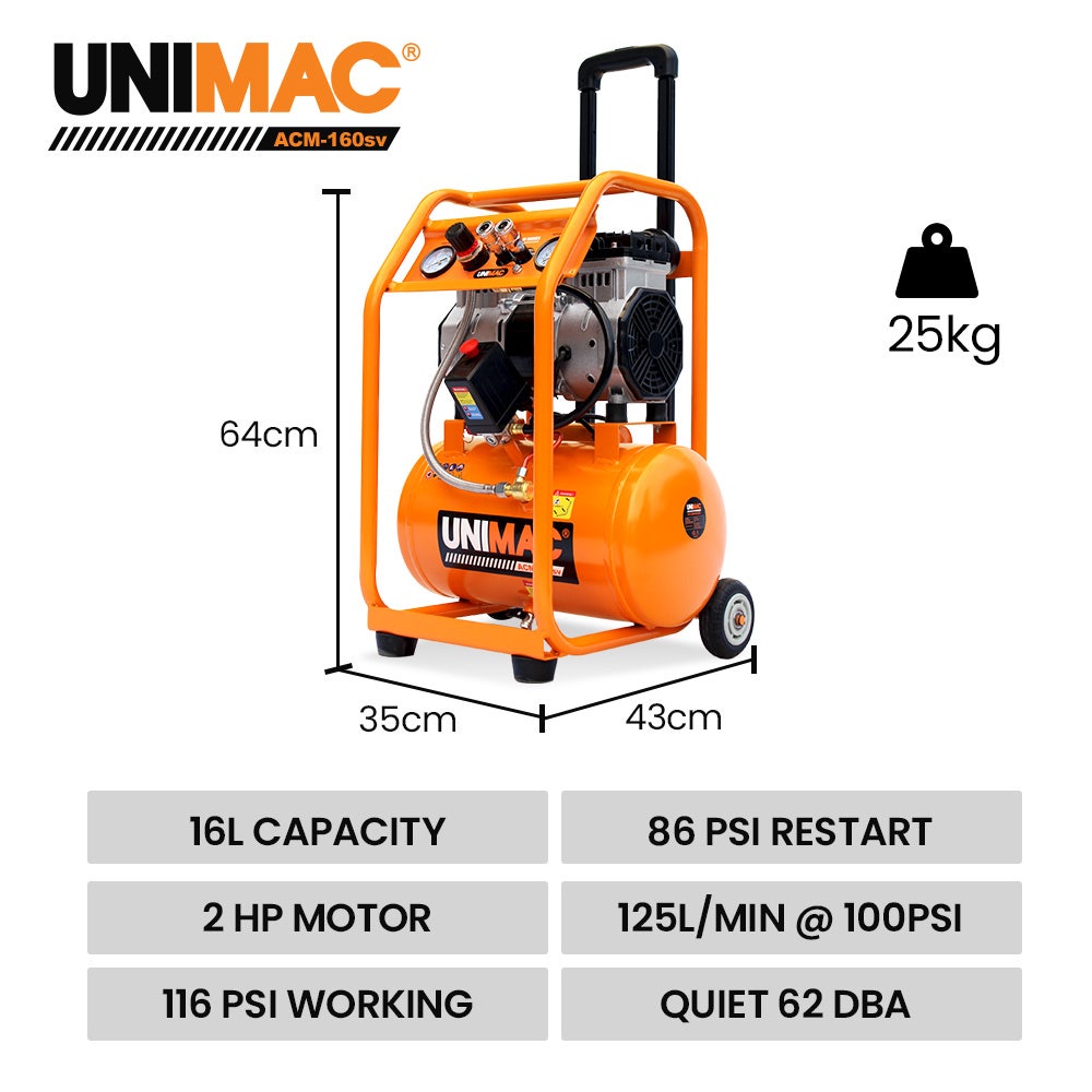 16L Silent Oil-Free Electric Air Compressor, 116PSI Portable with Wheels and Handle, Twin Nitto Outlets for Airtools, Tyre Inflation