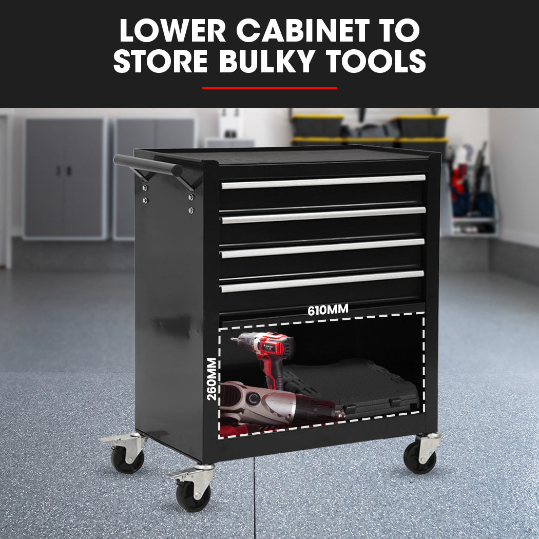 4 Drawer Tool Box Cabinet Trolley Storage, with 1-Door Toolbox Garage Organiser Set, Black